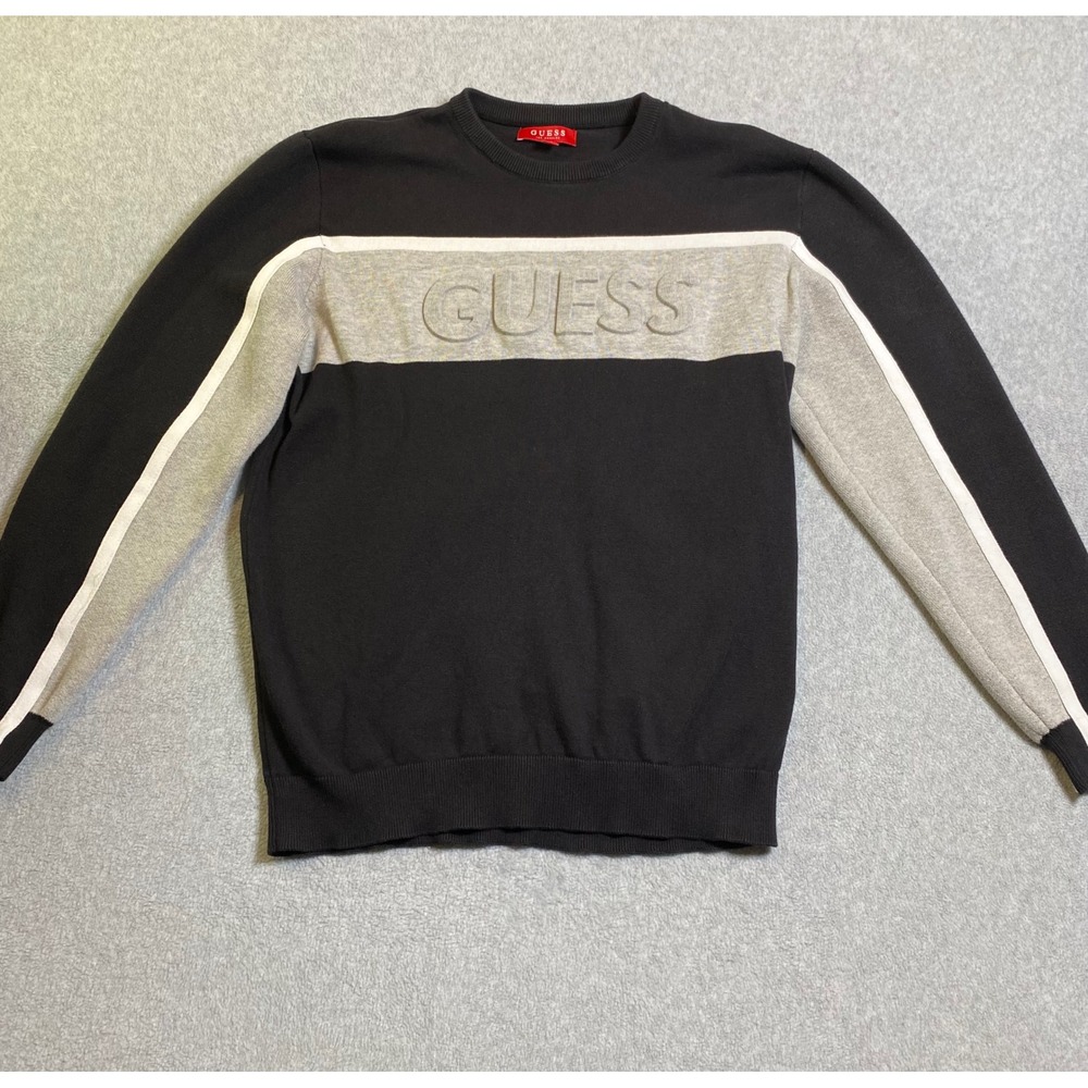 Guess Sweater Men's Large Black Grey Color block Embossed Logo Crewneck Knit EUC